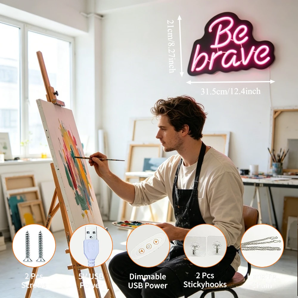 Be Brave Neon Sign LED Marquee Light for Bedroom Desk Decor Inspirational Wall Art Reusable USB Night Light Graduation Gift