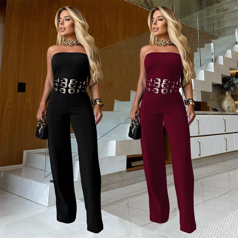 Doyerl ปิดไหล่ Strapless Elegant Jumpsuit ผู้หญิงคลับสวม Night Party ปุ่มโลหะเอวสูงขากว้าง Rompers Monos