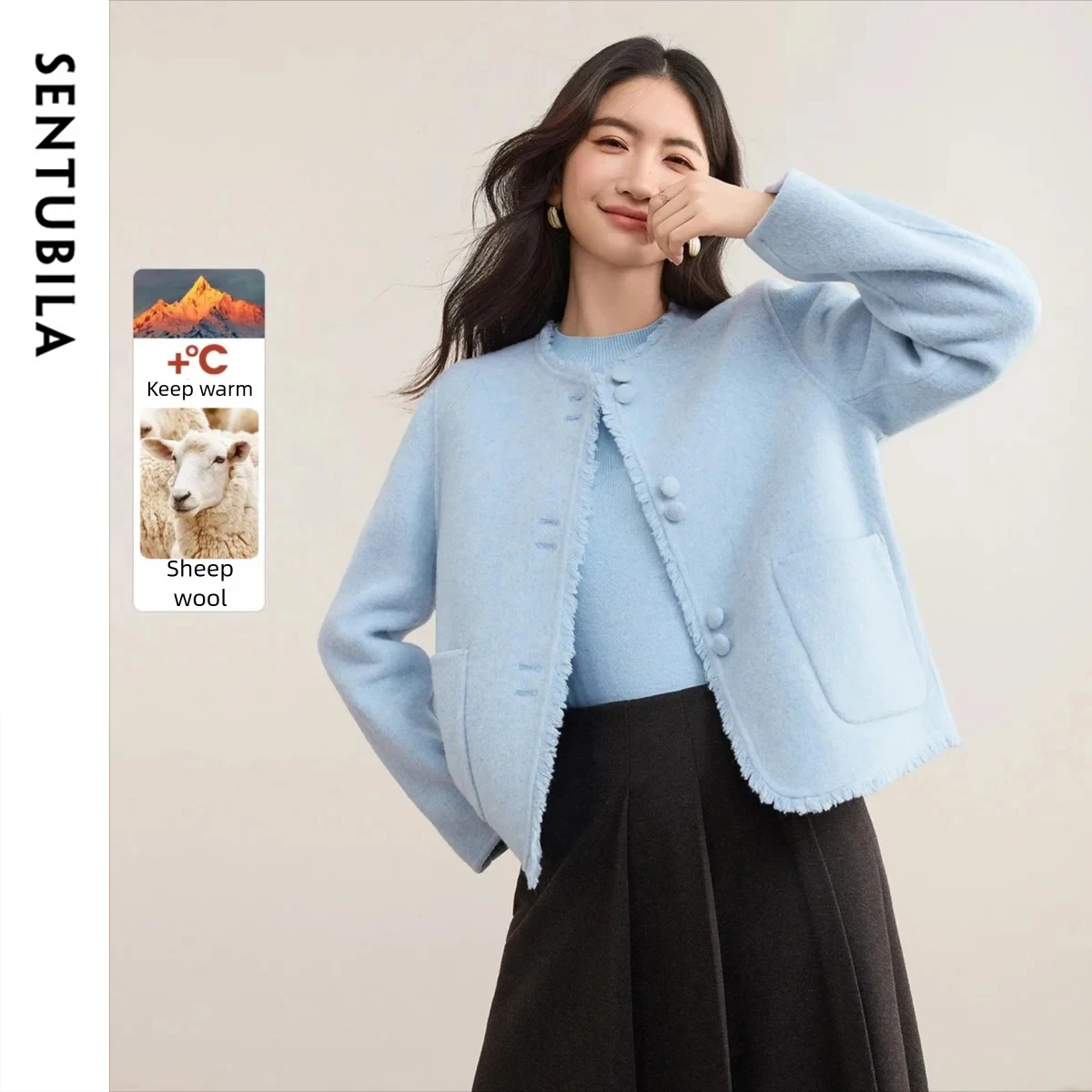 

SENTUBILA женское шерстяное пальто с кисточками, зима 2022, элегантный стиль, с круглым вырезом, толстое теплое короткое двустороннее шерстяное пальто W54OG8757