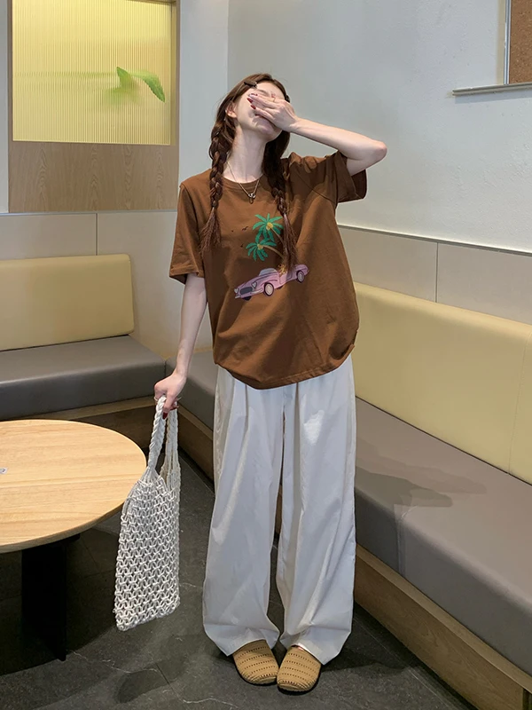 

plus Size Lazy Style Print High Waist Straight Leg Pants Summer Casual Short Sleeve T-Shirt Set Women's Fashion plus Size Set