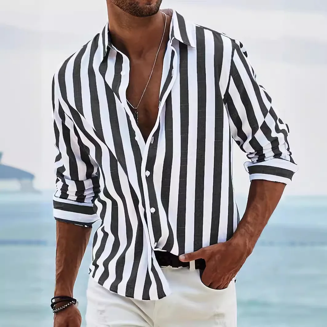 Men\'s Cardigan Shirt Cotton And Linen Striped Beach Holiday Lapel Casual Loose Breathable Comfortable Long-Sleeved Tops