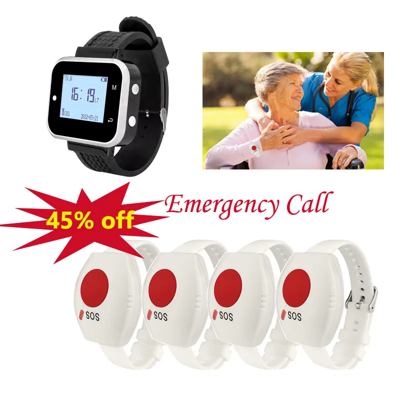 Wireless Caregiver Pager For Elderly Panic Call ButtonWaterproof Wrist SOS Emergency Calling System for Nursing Home/Patient