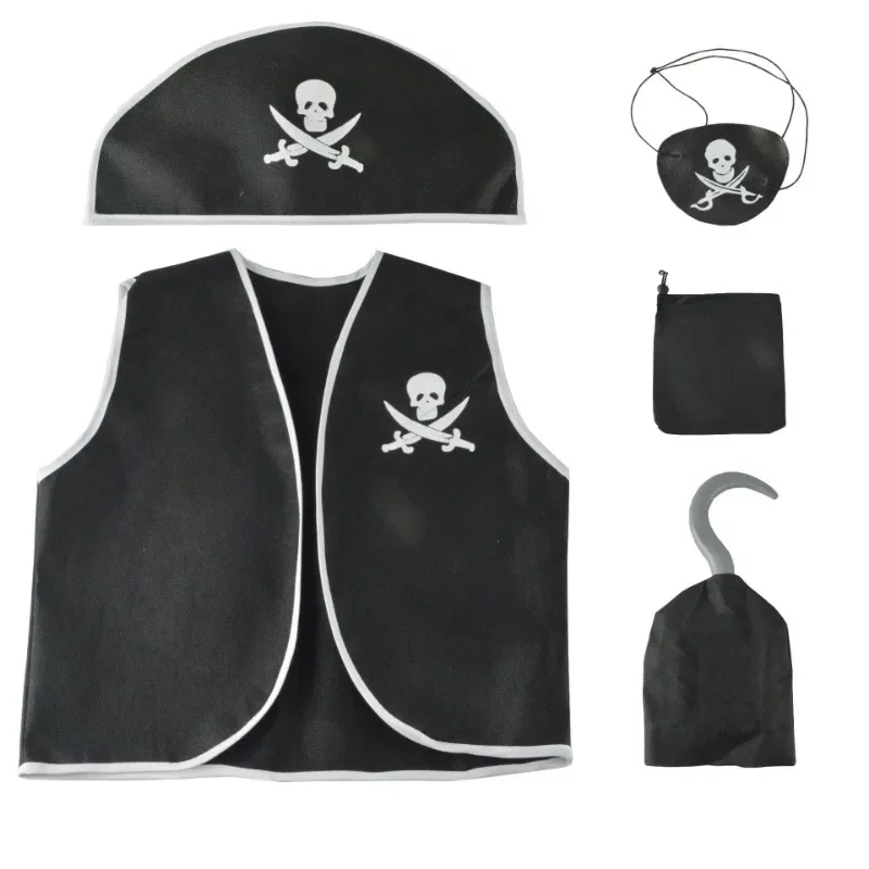 Kids Pirate Costume Black Vest with Eyeshade Hat Pirate Hook and Bag Set for Children Boy Halloween Theme Party Cosplay Dress Up