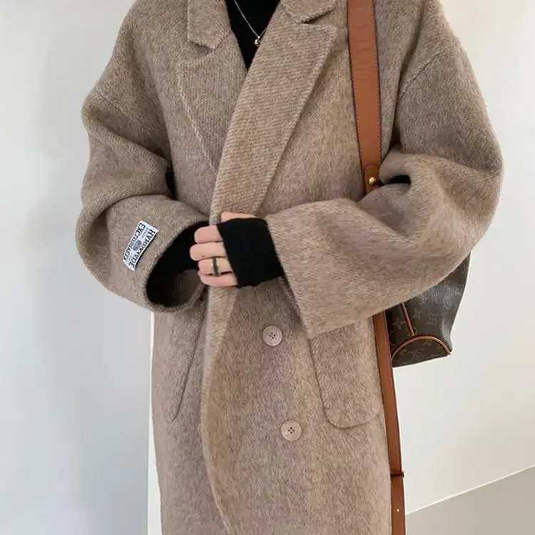 SuperAen Double-sided Cashmere Coat Long Wool Thickened Suit Style Thickened Loose Wool Jacket Coat for Women