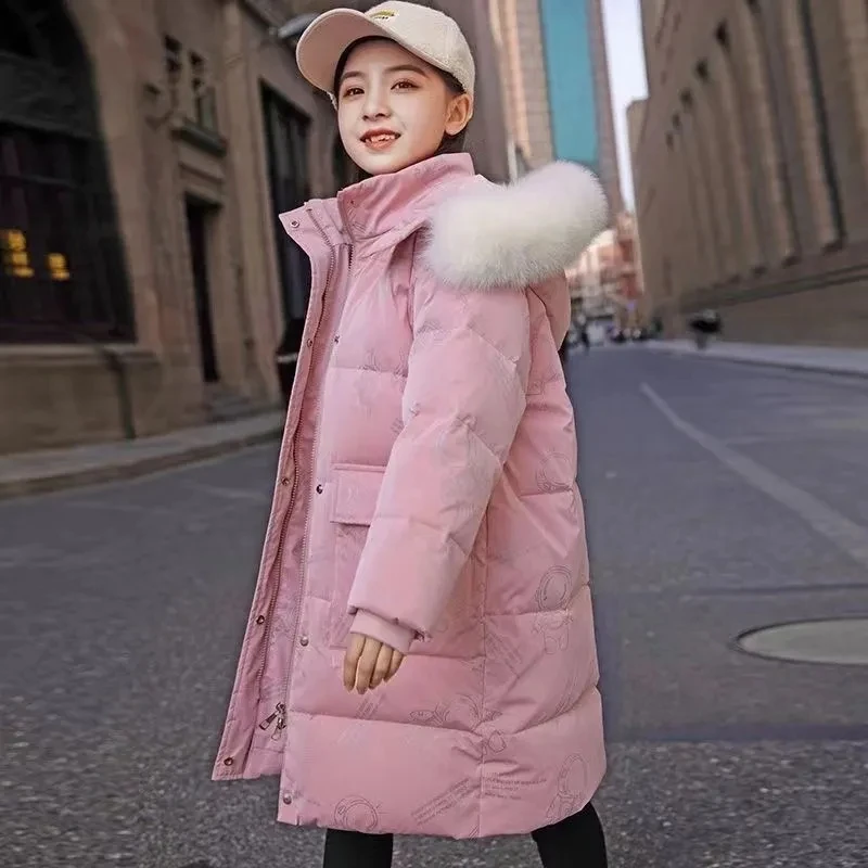 Winter Girl Jacket New Teenager Plus Velvet Thickening Hooded Cotton Coat Children Thicken Long Jackets 4-14Y