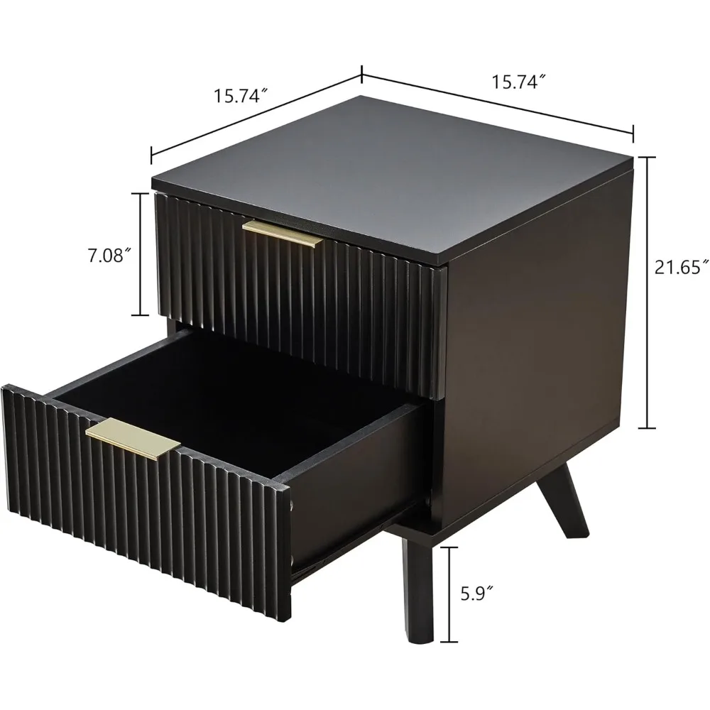 Mesa de cabeceira moderna de meados do século com 2 gavetas, mesa lateral compacta para quarto com design canelado