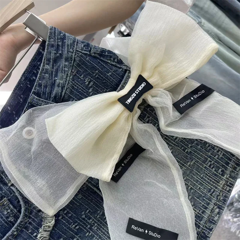 Texture Denim Skirt for Women Big Bow Mesh High Waist Slim Fit A- Line Wrap Hip Skirt Street Casual Female Summer Jeans Skirts