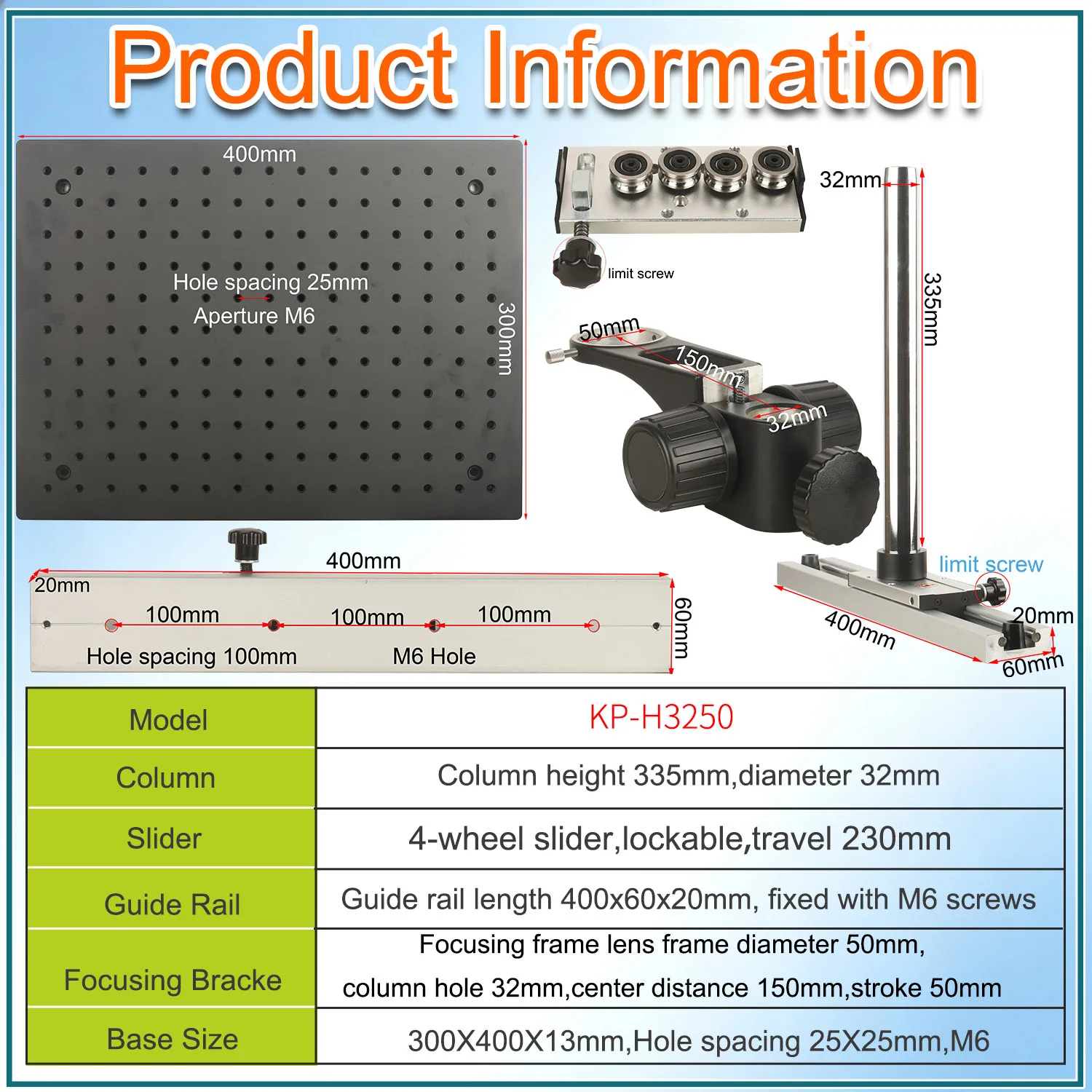 KOPPACE Microscope optical platform bracket,Lens Frame 50mm,Slider travel:230mm