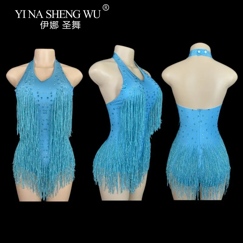 Abito da ballo latino da donna Costume da spettacolo teatrale Nappa con diamanti lucidi Gonna senza maniche con collo appeso Tuta sexy con frange jazz