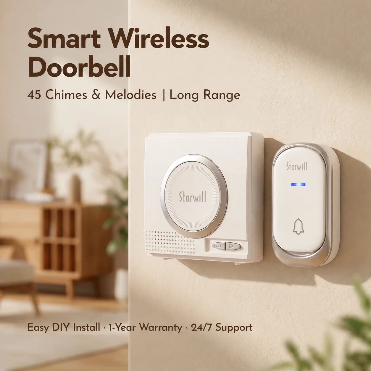 Battery Operated Wireless Doorbell for Elderly, 200m Range Waterproof IP44 Indoor/Outdoor Call Bell, 55 Chimes 4 Volume Levels,