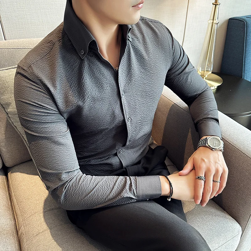 2024 Autumn New Waffle V Neck Shirt Men\'s Long Sleeve Standing Neck Slim Fit Business Formal Dress Shirt Social Tuxedo Shirt Top