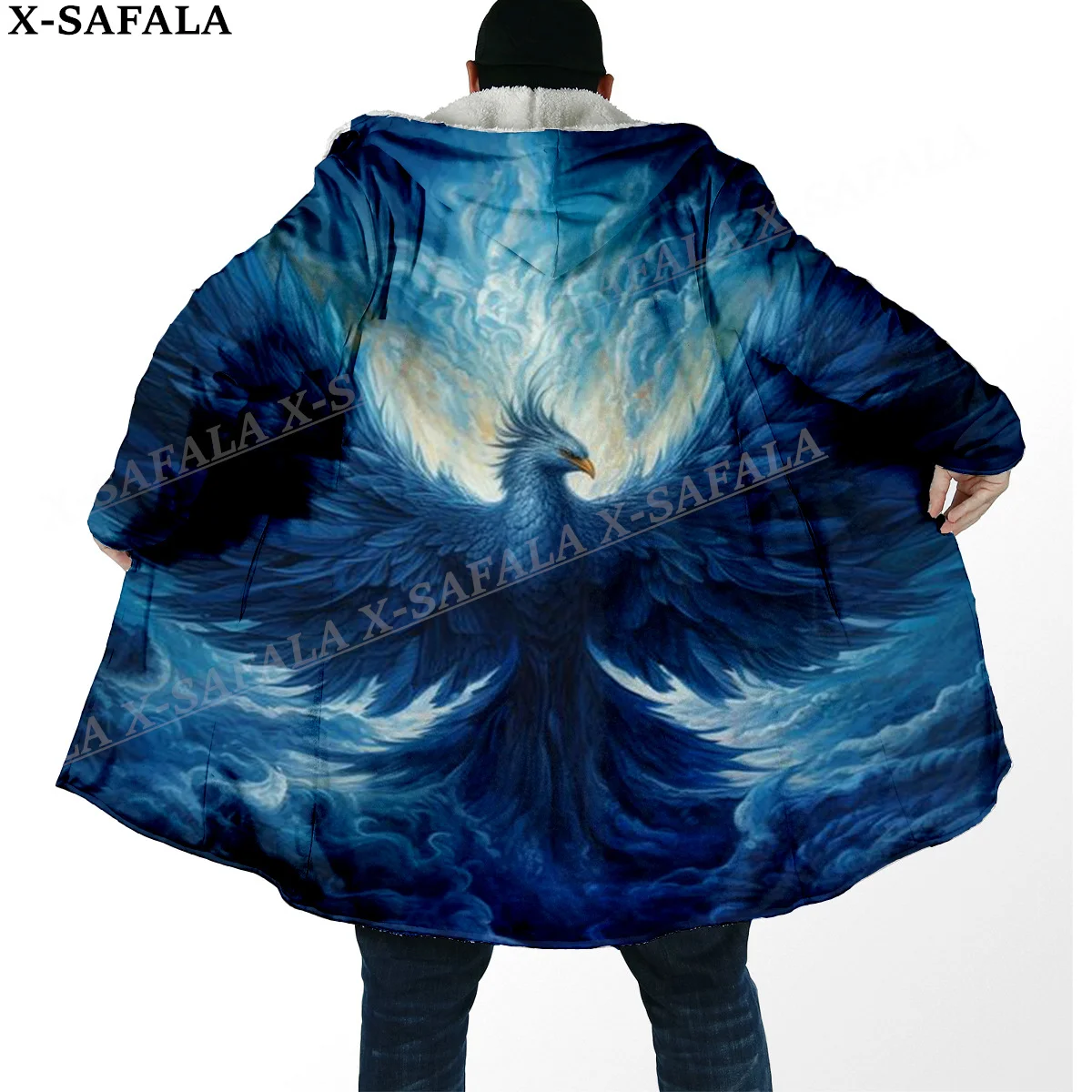 Mythical Phoenix Myth Fire Phoenix Print Thick Warm Hooded Cloak Men Overcoat Coat Windproof Fleece Cape Robe Hooded Blanket-3