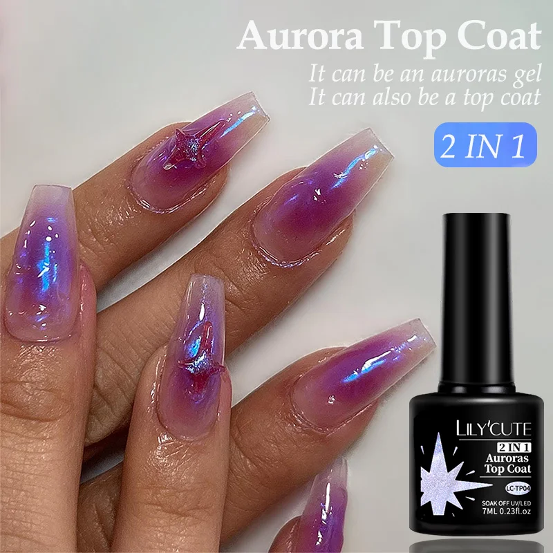 LILYCUTE 7ML Blue Sparking Glitter Auroras Top Coat Gel Nail Polish Aurora Effect Manicure Semi Permanent Nail Art Gel Varnish