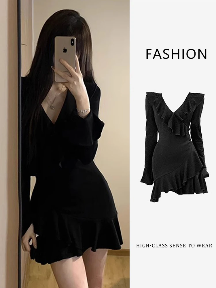 Spicy Girl Pure Desire V-Ne Knitted Dr Women's Slim Fit Inner Wear Bla Dr Korean Sle High Waist Winter New Arrival