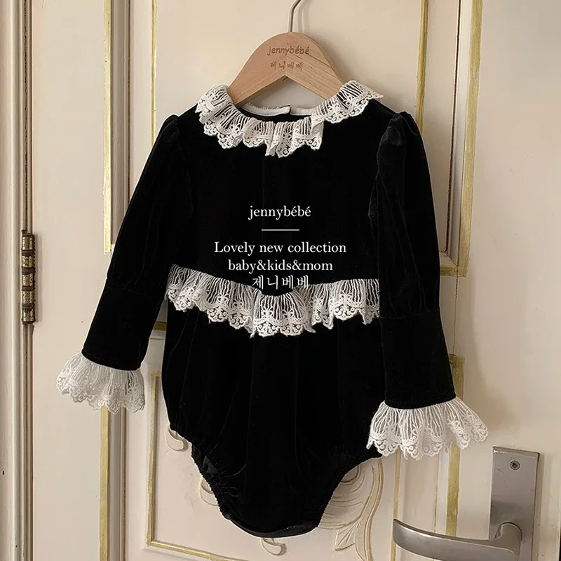 Newborn Baby Girls Lace Rompers Velvet Long Sleeve Infant One-Pieces Baby Bodysuit for Toddler Clothing Children Outfits 0-24m