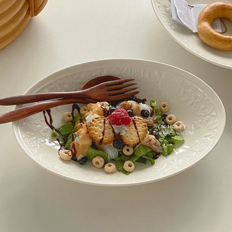 

LH Oval Vintage Embossed Pattern Premium Salad Deep Plate Large Capacity Ceramic Plate