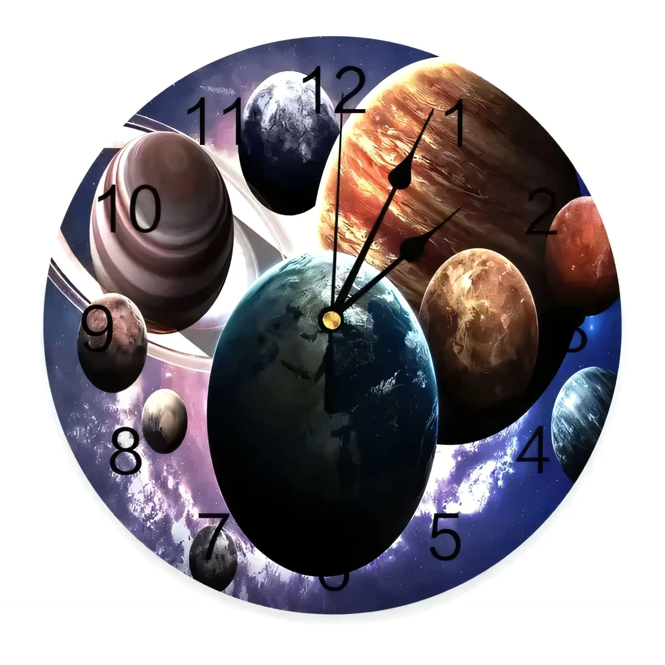 Space Theme Wall Clock  with Planets Earth Jupiter Saturn Deep Purple Blue Nebula Starry Sky Decorative Home Office Silent Non T