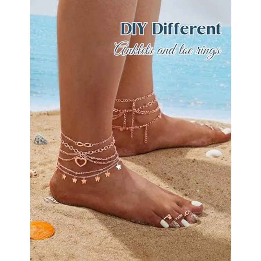 Toe Rings and Ankle Bracelets for Women Silver Rose Gold Plated Anklet Toe Rings Cute Layered Anklets Open Tail Rings Adjustabl view 3