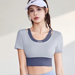 Women's Sports Shirt Fake Two Pieces Contrast Crop Tops Gym Short Sleeve Yoga Shirt Fitness Running Training Tank Top