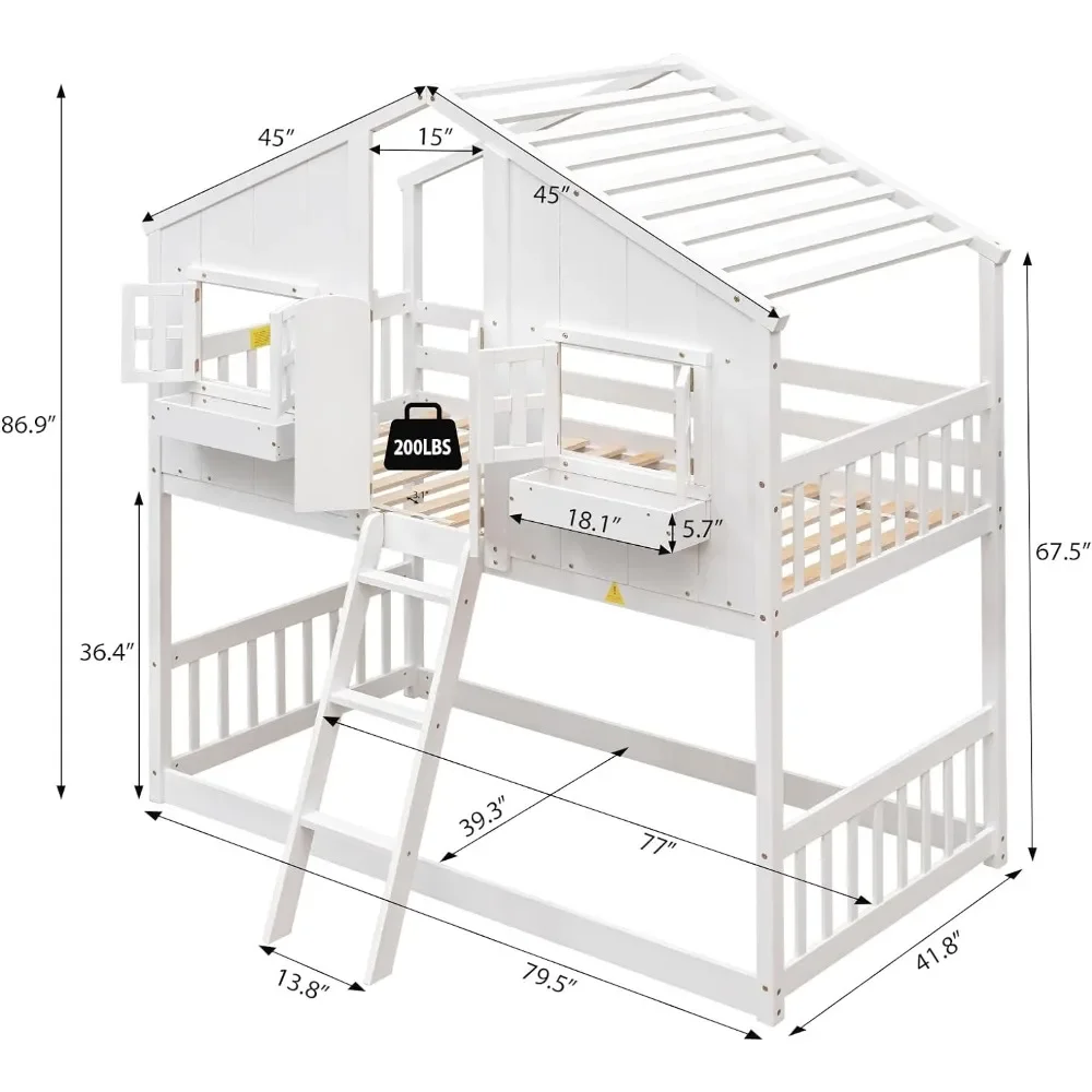 Bed Wood for Kids Girls Boys, Wood Slat Support, Solid and Stable, with Door, Windows