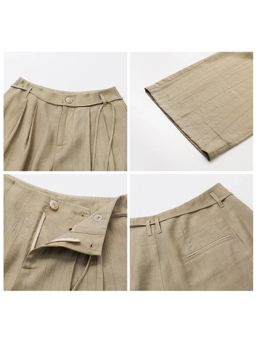 CHIC VEN Women Pants Fashion Loose Wide Leg Lace Up Pleated Casual Linen Trousers Female Clothing Spring Autumn New 2025