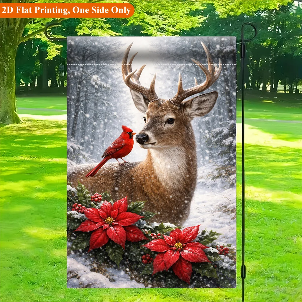 2D Flat, 2D Flat Printing Garden Flag 1pc, Snowy Deer And Bird Garden Flag - Single-Sided Printed Outdoor Decor for Home and Garden, Holiday Decoration, Durable Polyester, 11.8x17.7 Inches, No Pole Included