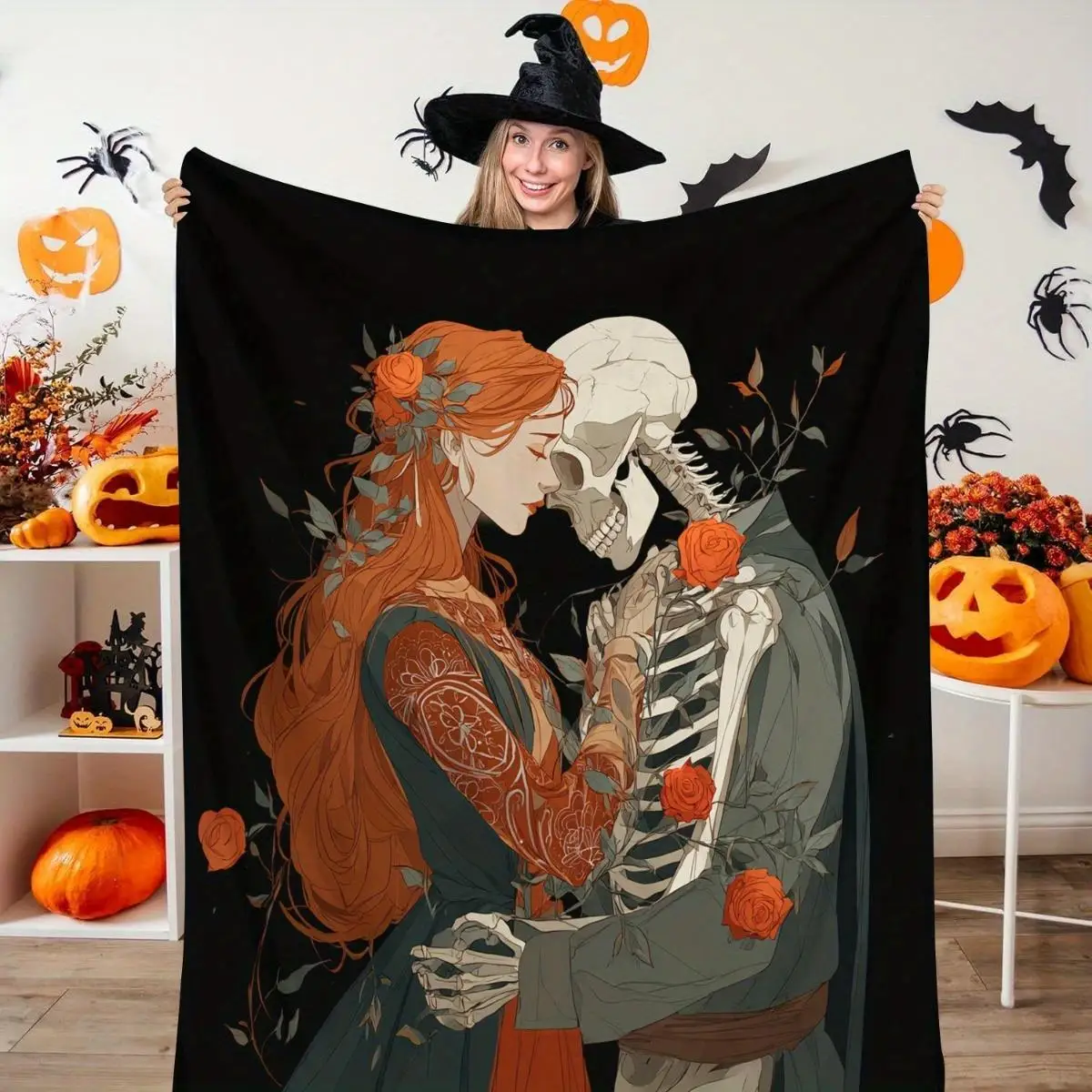 Skeleton and Woman Embracing Pattern Fleece Blanket Dark Romantic Theme Soft Warm Throw Interior Decoration Bedding Cover