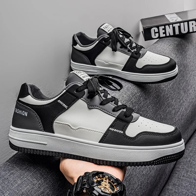 Outdoor Breathable Shoes Men Lace Up Casual Board Shoes Spring Student Trendy Sneakers Men Thi Bot White Leather Splicing Shoes