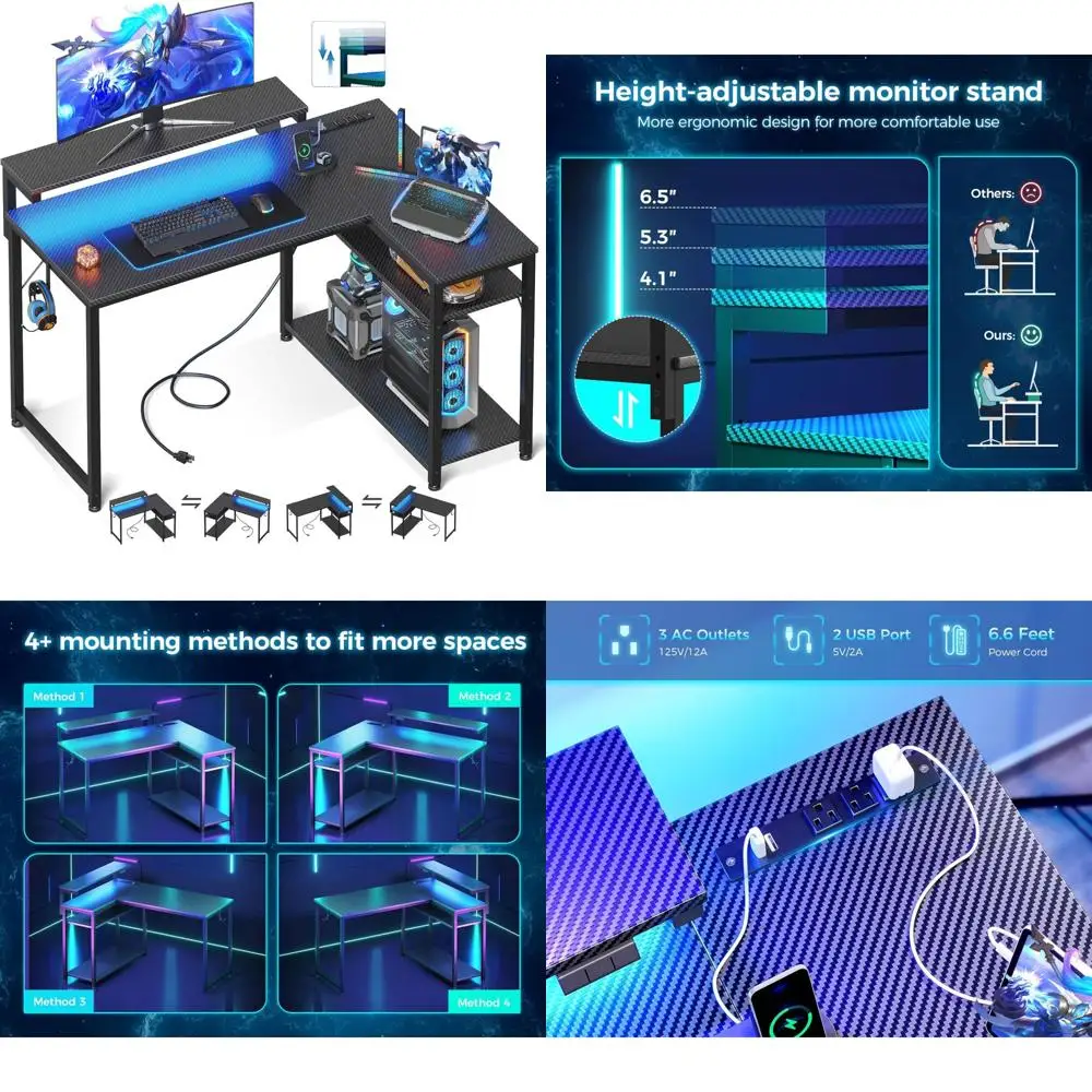 

Adjustable Height L-Shaped Gaming Desk with Built-in Power Outlet and Reversible Stand