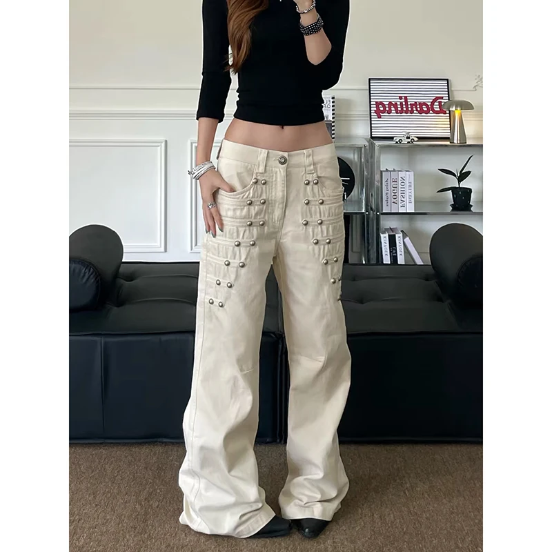 ZHIZOU Women Gothic Y2k Washed Cargo Jeans Vintage 2000s Hiphop Grunge American Style Baggy Rivet Design Wide Leg Denim Pants