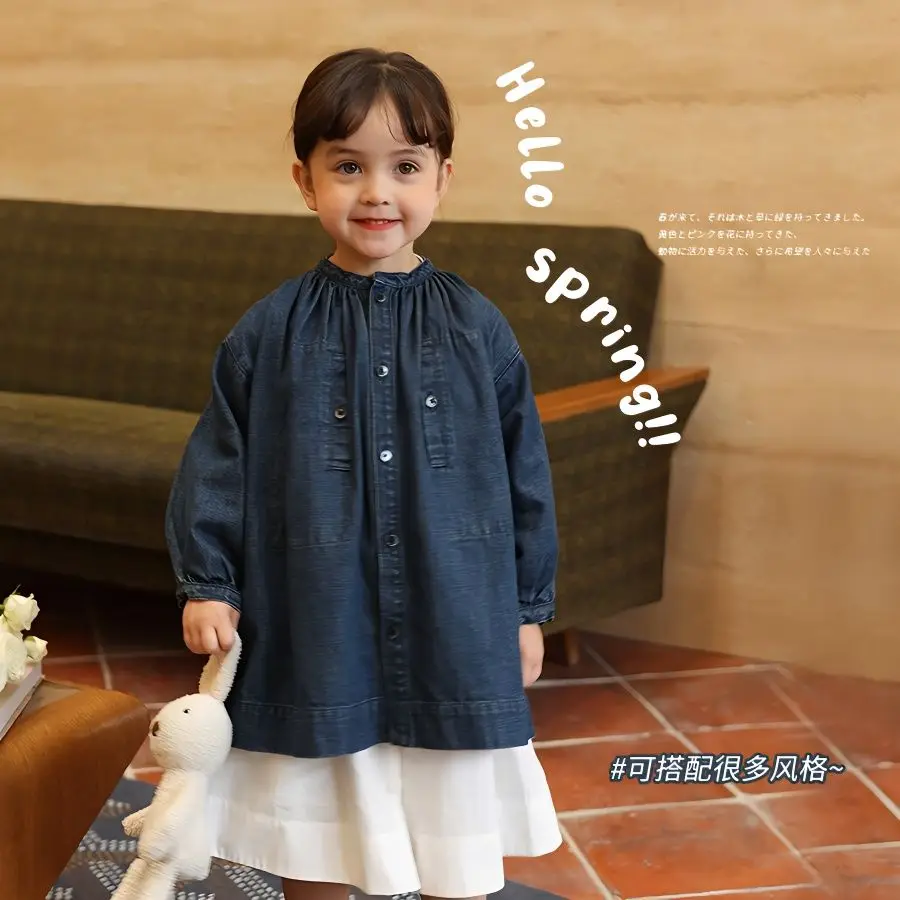 Girls Princess Style Small Stand-up Collar Loose Denim Shirt 2025 New Little Girl Spring Cute Fall Autumn Long Sleeve shirt