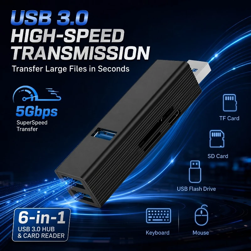 6-in-1 USB Hub Card Reader SD TF Micro SD USB 3.0 5Gbps USB Port Plug and Play USB Splitter for Laptop Desktop PC