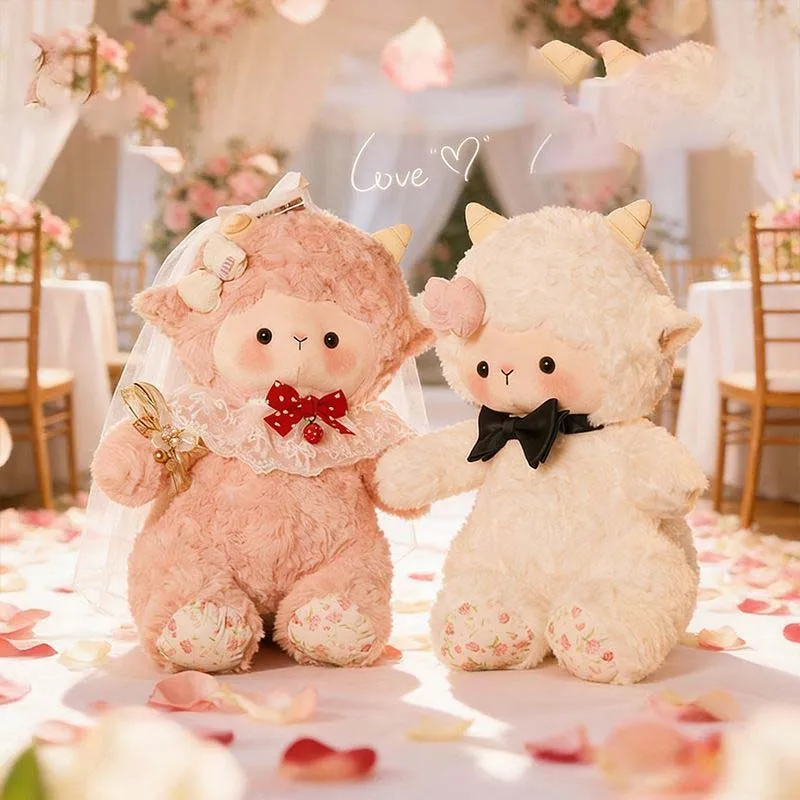 Romantic Wedding Couple Lamb Plush Toy Set with Veil Bow and Black Bow Tie Soft Stuffed Doll for Decoration Lovers Surprise Gift