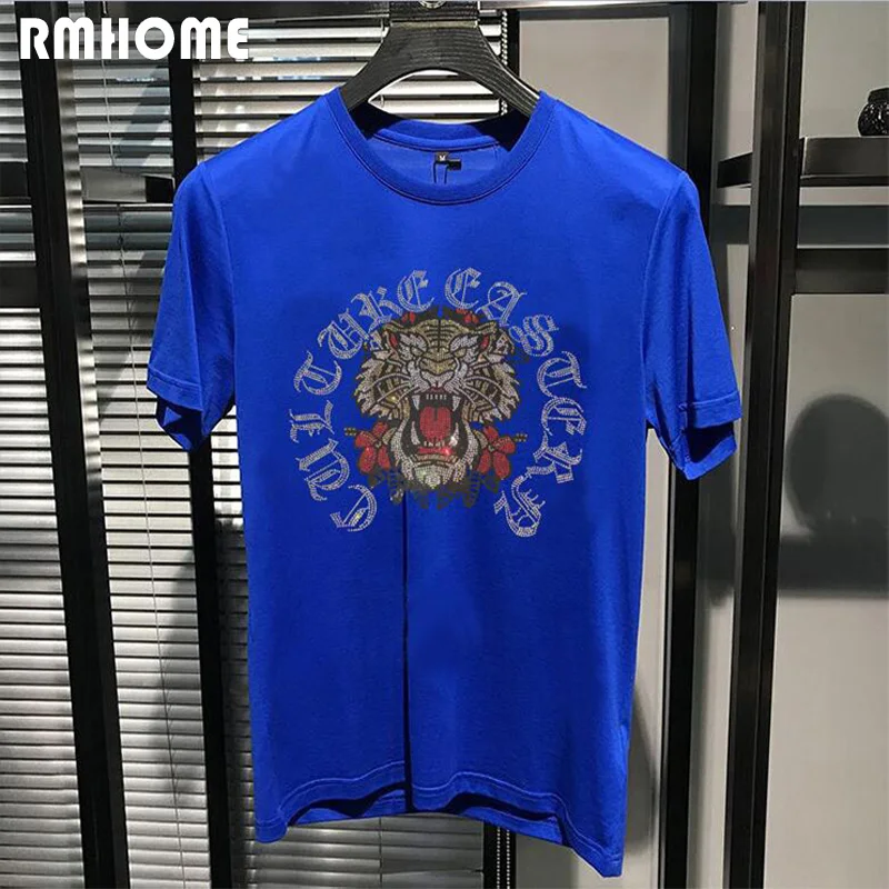 

Men's Fashion Short-sleeved T-shirt Rhinestone Design Tiger Pattern Male Tees Streetwear Tops New 2023 Summer Style Man Clothing