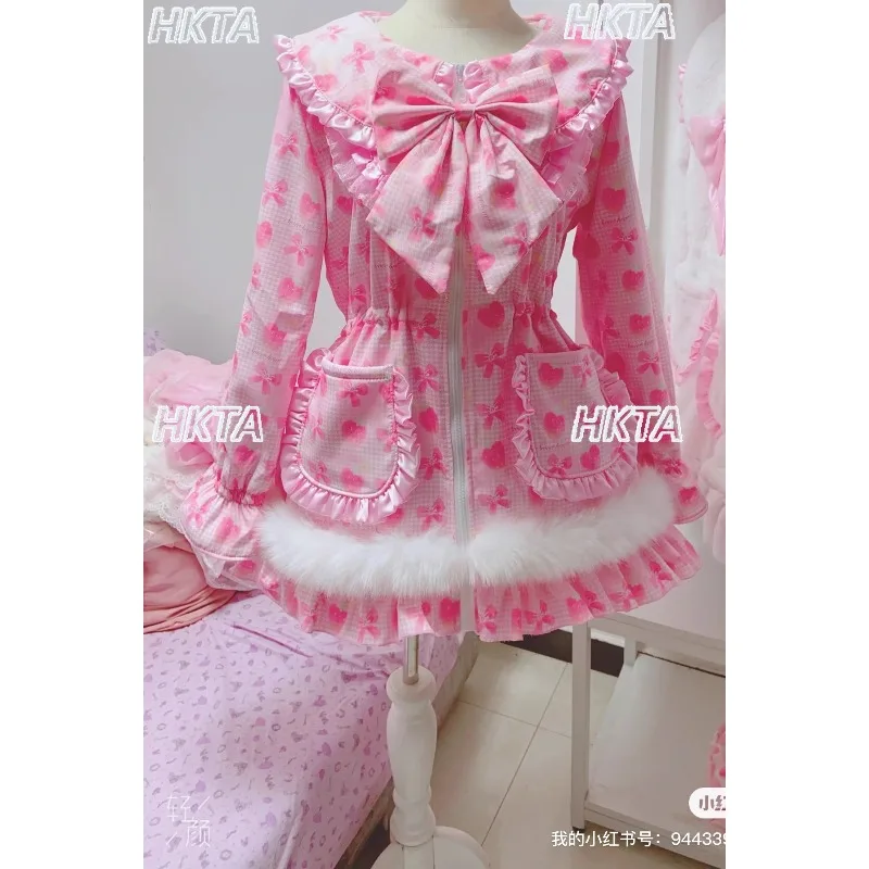 

Милый кукольный воротник, плиссированные лепестки, кружевной бант с принтом, милый мультяшный пирог Лолиты, толстая куртка, бархатное зимнее хлопковое стеганое пальто для женщин