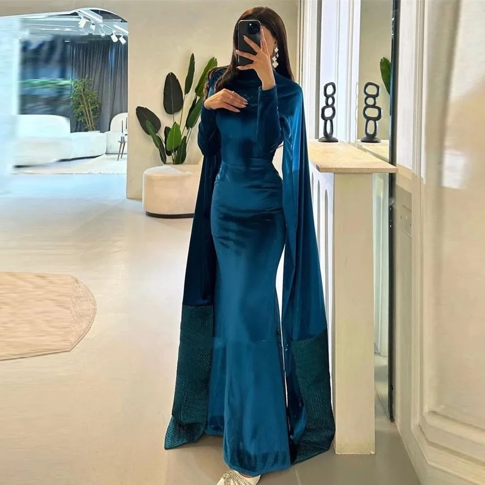 

Flora Dress Blue Satin Long Sleeves Mermaid Evening Dresses High Neck Cape Formal Party Occasion Prom Gowns Vestido de fiesta