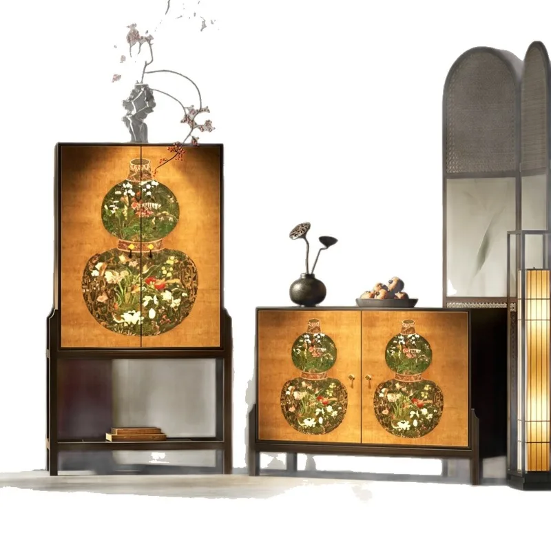 Solid Wood Entryway & Sideboard Combo, Oriental Style Plum Blossom Print Cabinet, Mid Century Multi-purpose Storage Furniture