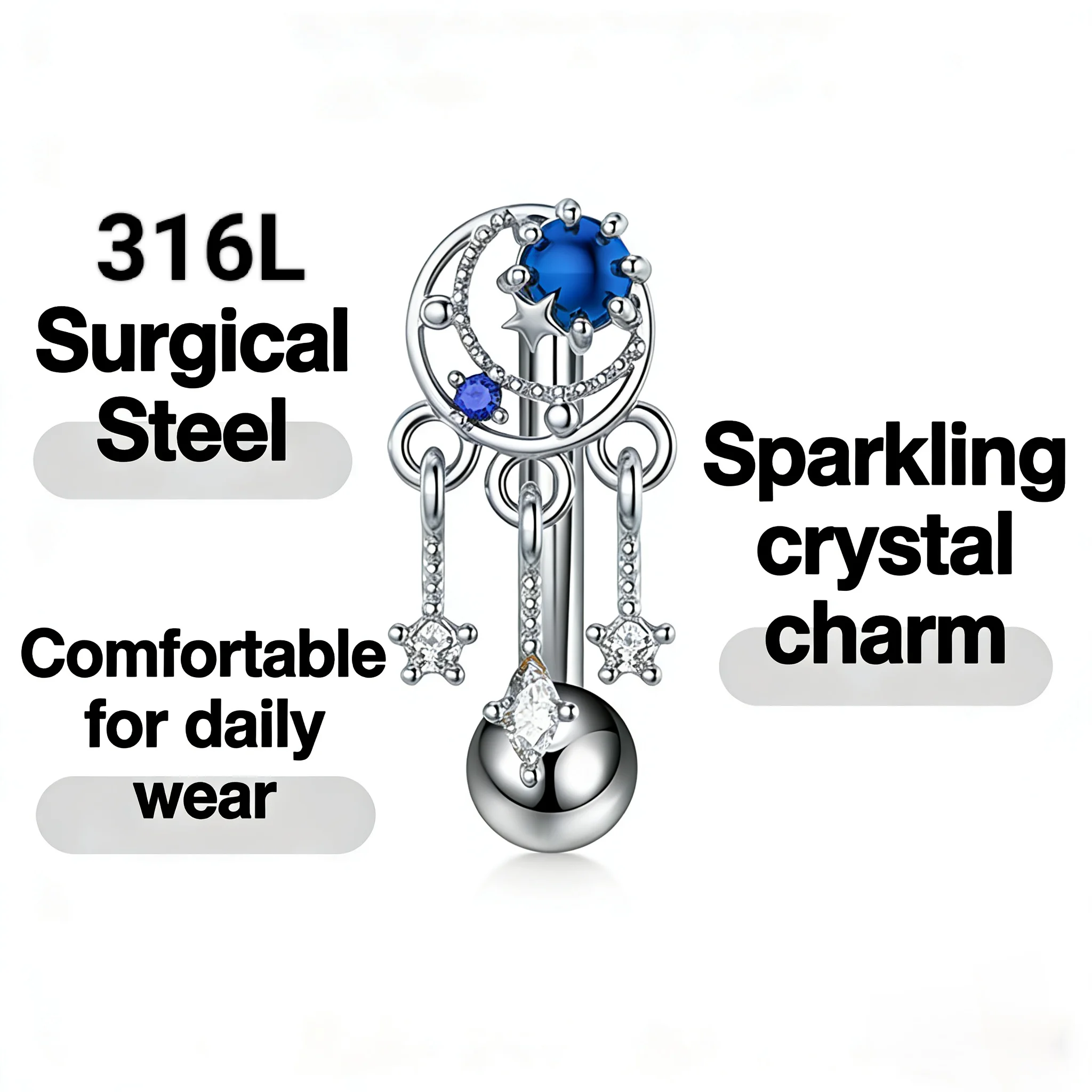 1PC CZ Dangle Curved Barbell for Eyebrow/Cartilage Piercing, Stainless Steel Eyebrow Ring with Tassel Charm