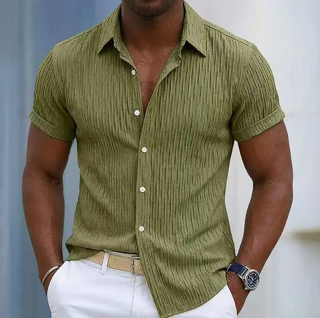 Summer Fashion Men's Casual Button Down Shirts Short Sleeve Textured Versatile For Any Scene Summer Beach Shirt