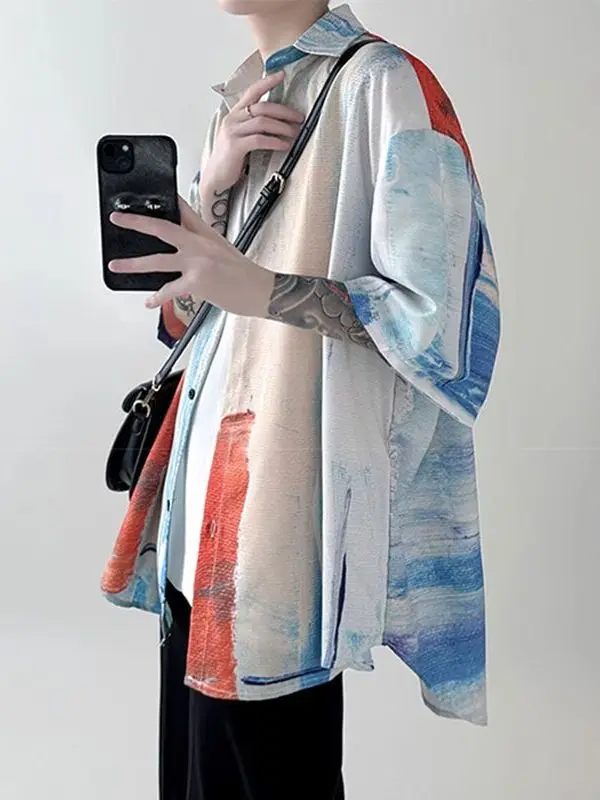 Large Size Ice Silk Dyed Short Sleeve Men's Shirt Summer Gradient Design Five-Quarter Sleeve Shirt Jacket Loose Fit Casual Wear