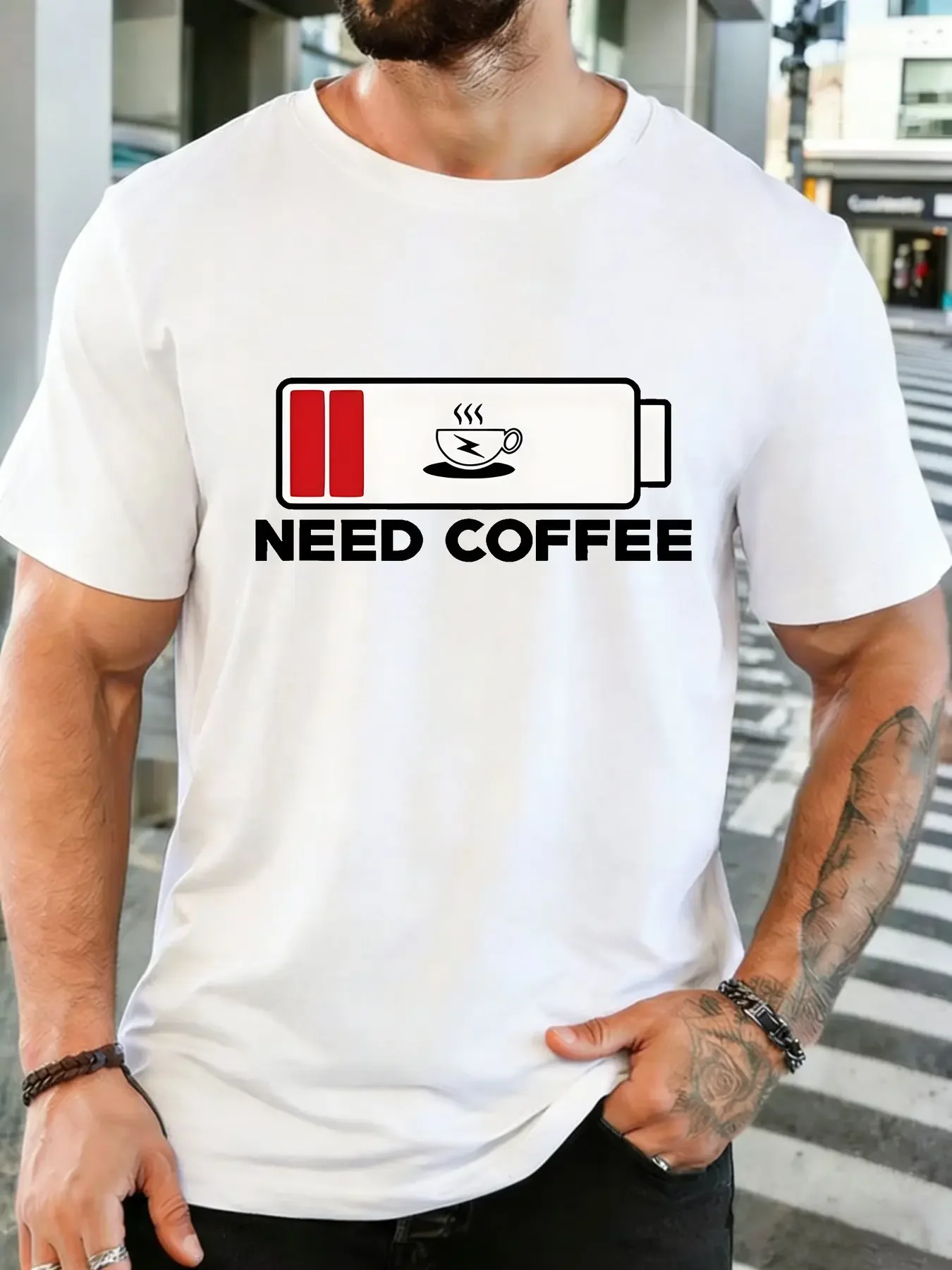 Mens Low Battery Need Coffee Cup Graphic Crew Neck Short Sleeve Light Cotton Funny Daily Casual Basic Tees For Adult Male Wear