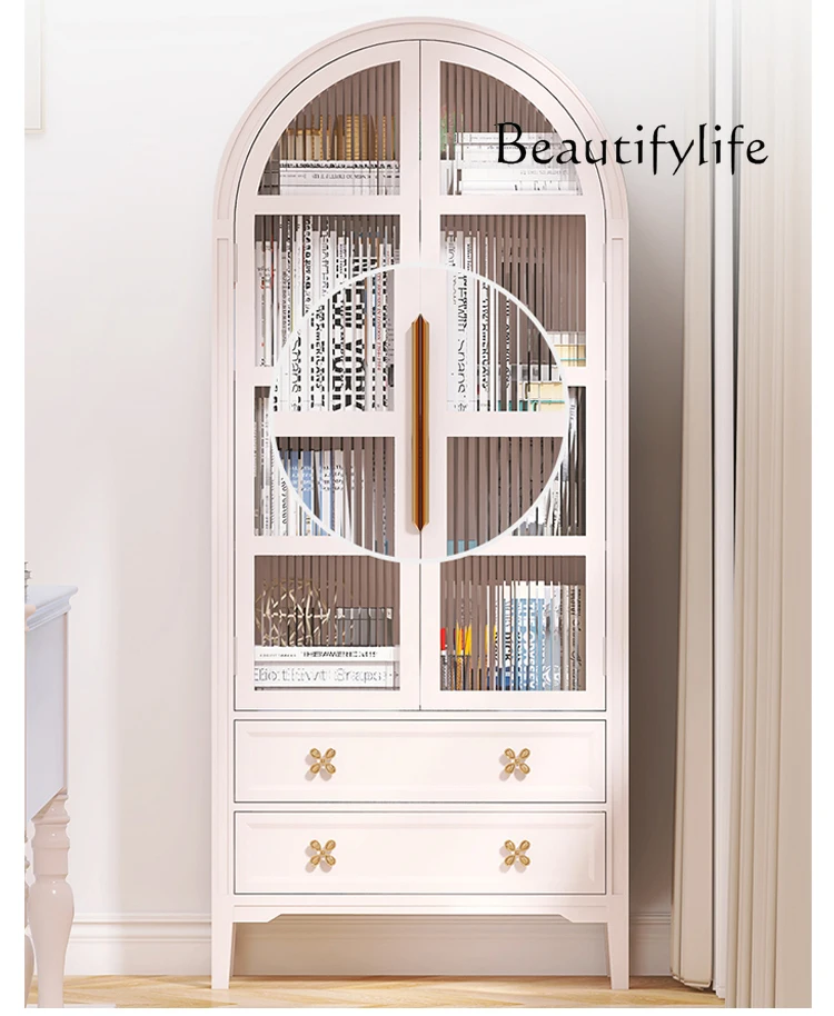 

American solid wood bookcase with Changhong glass door storage cabinet French retro arched decorative wine cabinet
