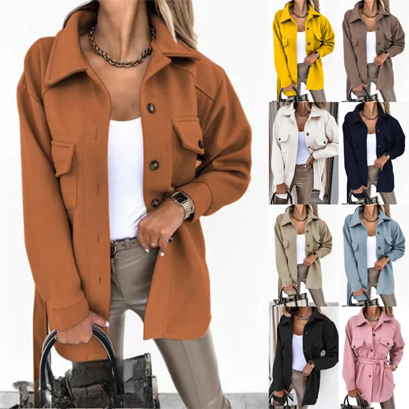 2025 Autumn/Winter New Women's Long Sleeve Temperament Solid Color  Button Lace Up Woolen Coat
