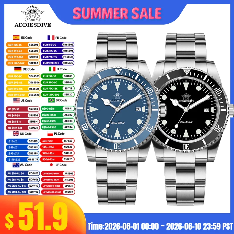 ADDIESDIVE Hot Sale Men\'s Watch Date 316L Stainless Steel 20Bar Waterproof BGW9 Super Luminous Quartz Watches Reloj