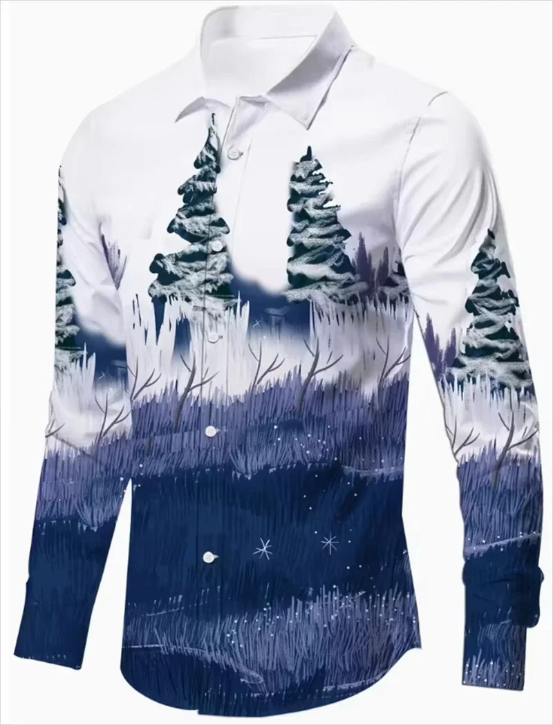 Men's Red Celebration Modern Christmas Collection Men'sLong Sleeved Lapel New Year's Gift Color Block 3D Print Shirt Long Sleeve
