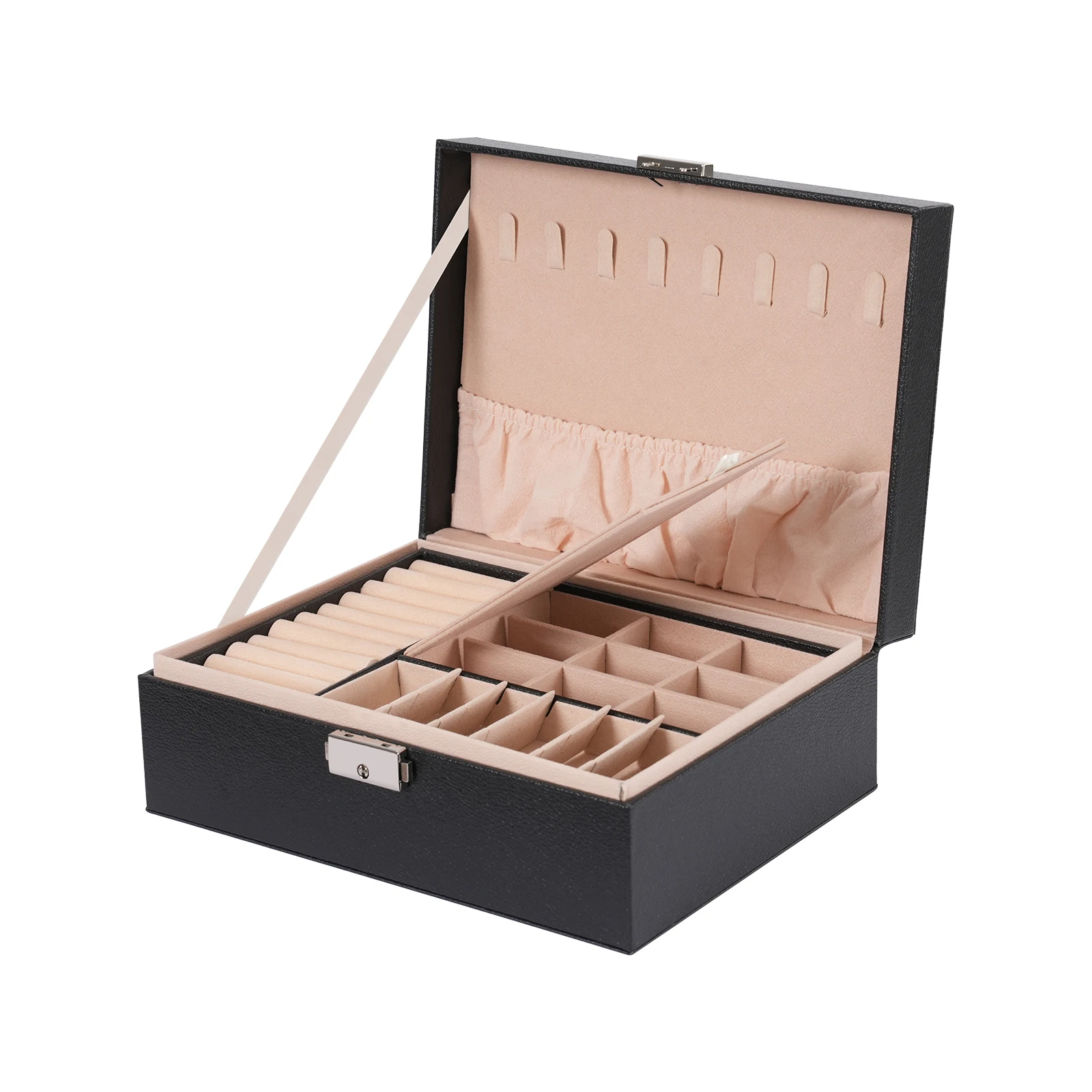 صندوق مجوهرات أسود، منظم مجوهرات للنساء والفتيات، منظم مجوهرات مخملي بطبقة مزدوجة للأقراط والقلائد