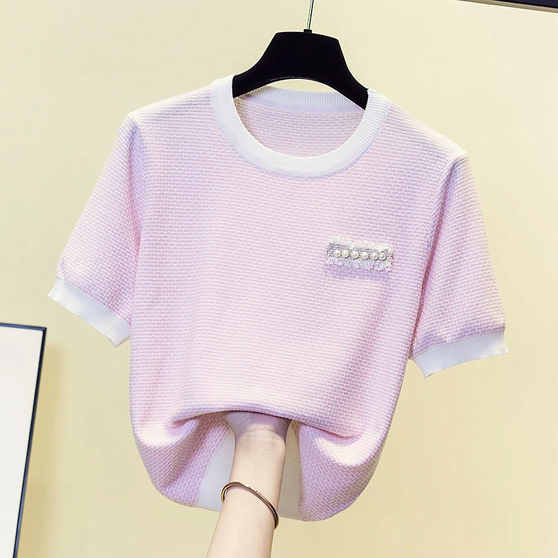 Stylish Beading Knitted Sweater Tshirt Women Summer Short Sleeve O-neck Tops Elegant Fashion Chic Ladies Knitwear Jumpers Pull