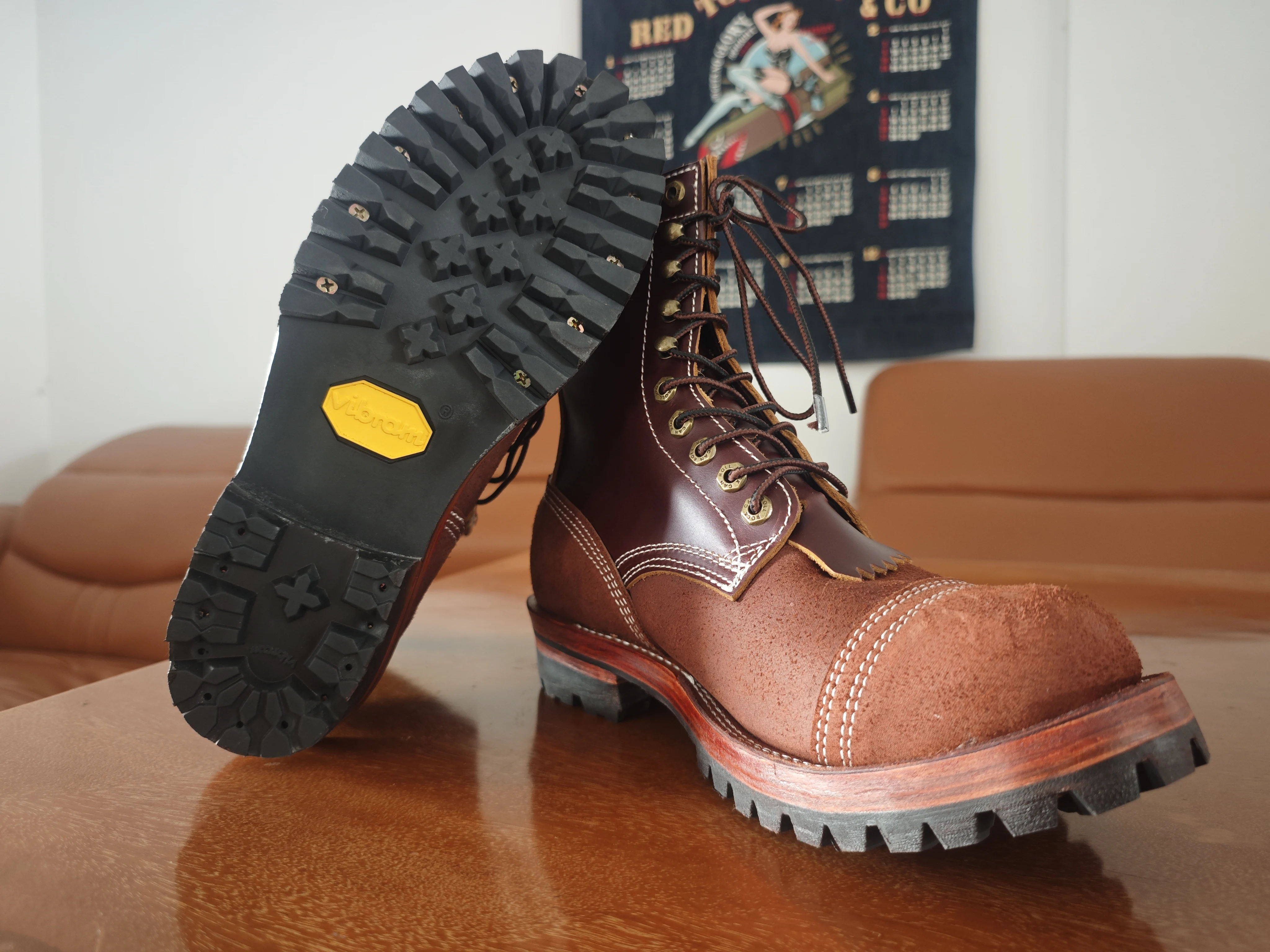 AL756 Men Two Tone Leather Work Boots Cap Toe Lace Up Vintage Combat Boots Goodyear Welt Outdoor Motorcycle Boots