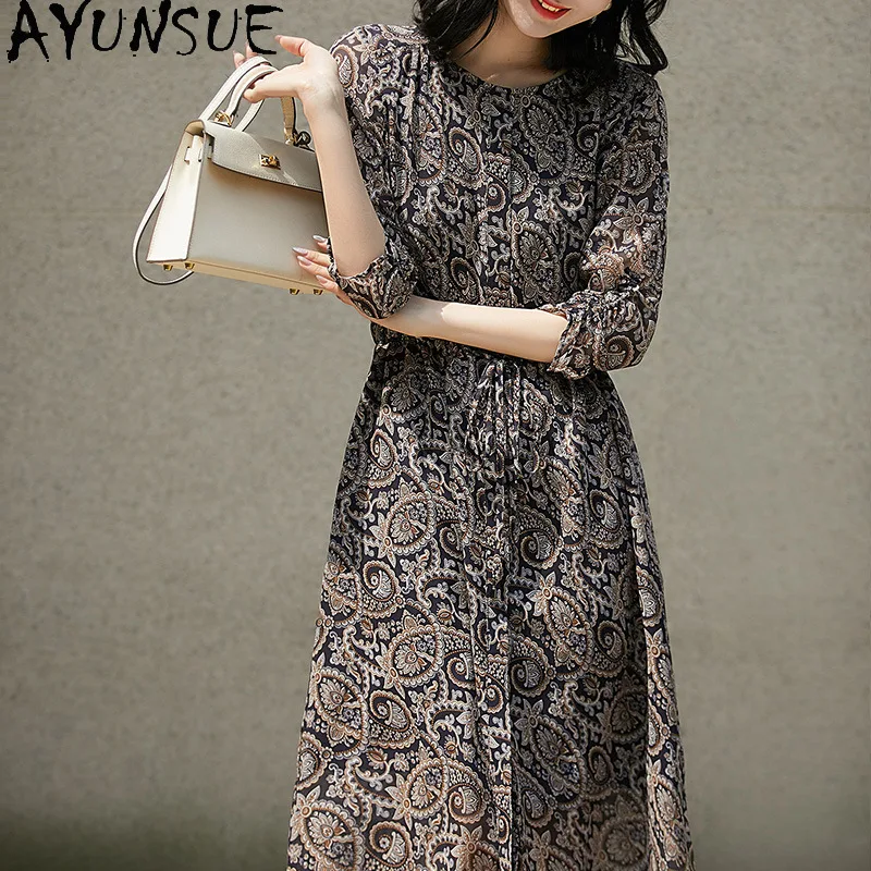 AYUNSUE Georgette Mulberry Silk dresses woman Shirt-style long dresses Commuting floral summer dress elegant woman clothes 원피스