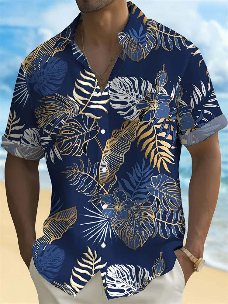 

Palm Leaf Printed Men's Summer Casual Shirt Breathable Lightweight and Comfortable Beach Short-sleeved Outing and Street Style